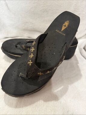Volatile Black and Gold Wedge Sandals